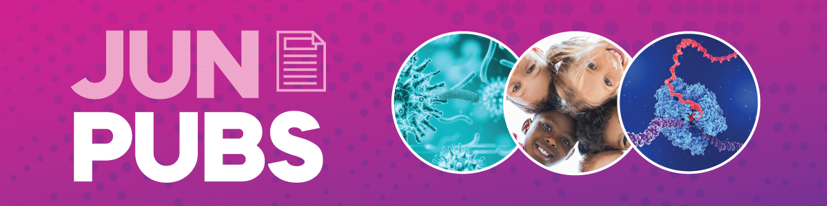 Blog header image with pink background for June publications, featuring three teaser pictures of science and a diverse set of people.