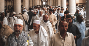 Arab pangenome image for blog - Many Arab men move about a busy public place.