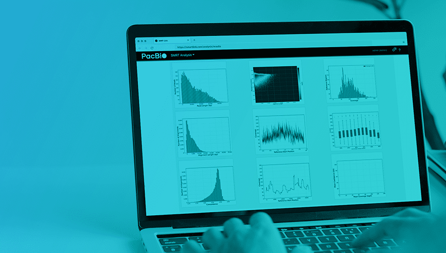 teal blue image of PacBio SMRT Link charts on a laptop screen