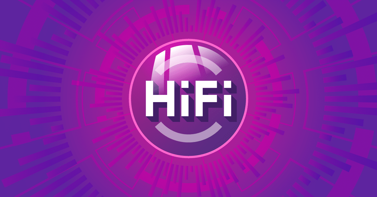 Stylized HiFi roundel on a complex purple and magenta background