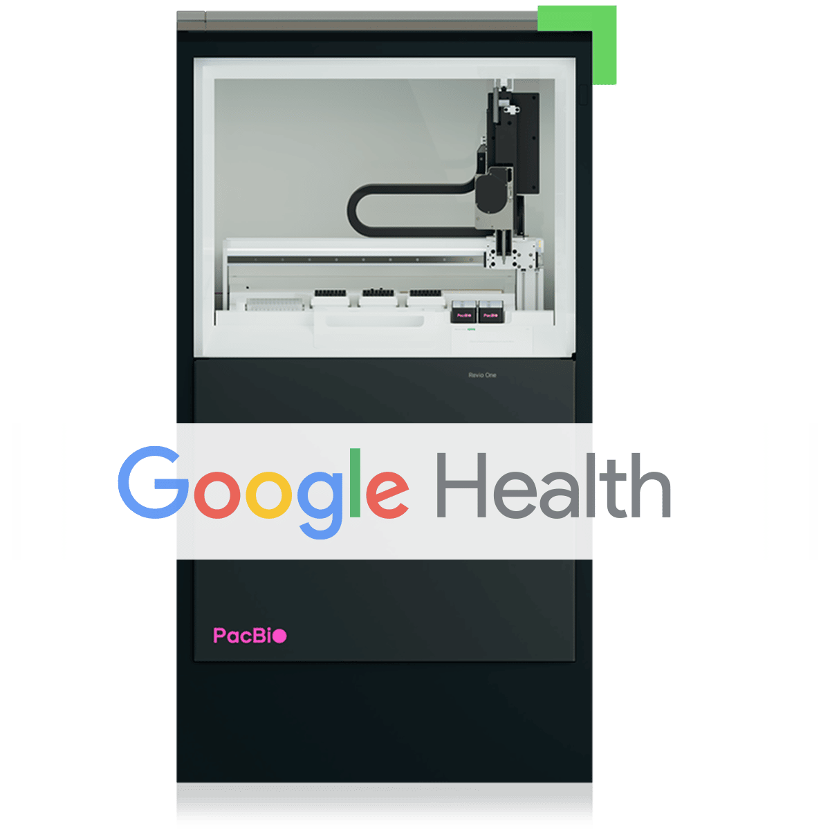 Image of Revio system with Google Health logo in front