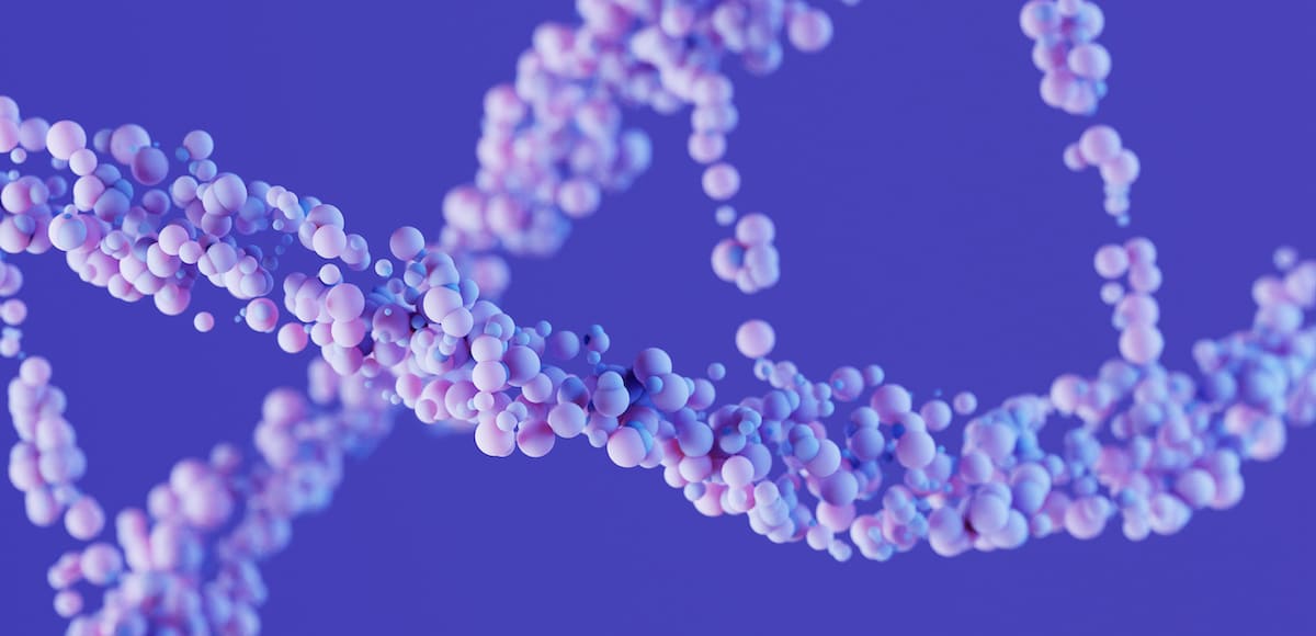 3d DNA structure in lavender color on a purple background. Close-up. Scientific medical background and healthcare technology for presentation, cover or advertisement.